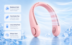 Pink bladeless neck fan with cool airflow on an icy summer background