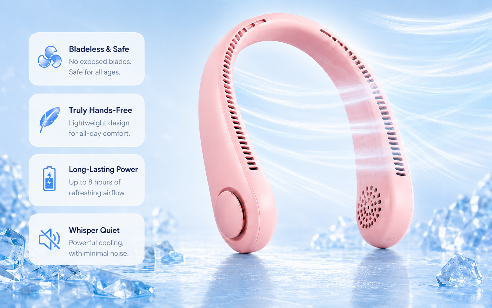 Pink bladeless neck fan with cool airflow on an icy summer background