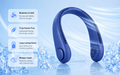 Blue bladeless neck fan with cool airflow on an icy summer background