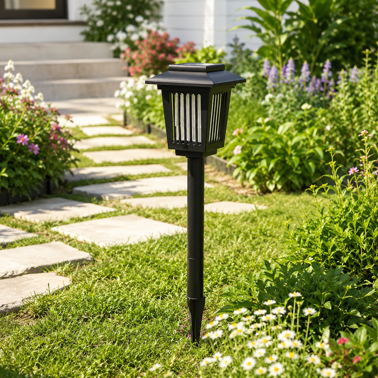 Solar mosquito lamp installed in a sunny garden during the day