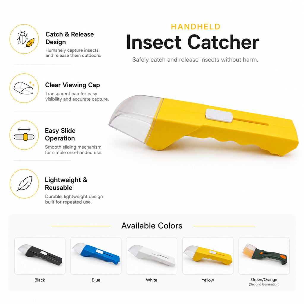 Insect catcher features and available colors infographic