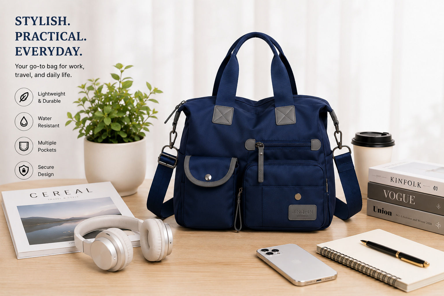 Blue multi-pocket nylon shoulder bag