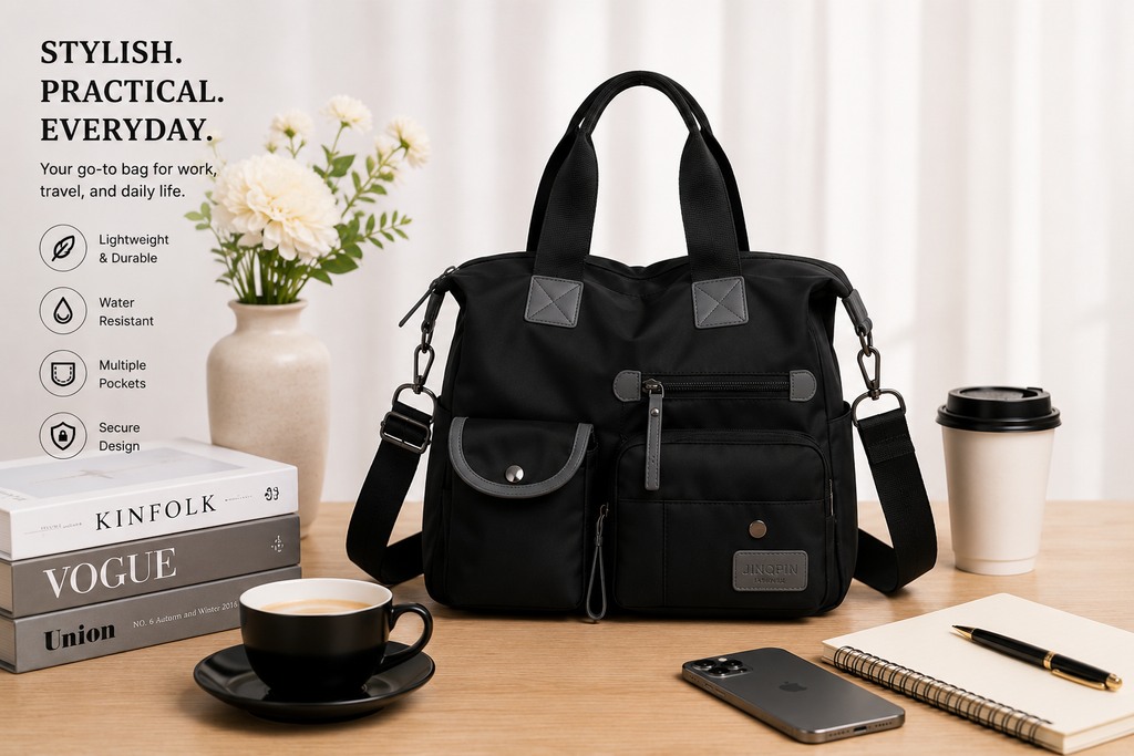 Black multi-pocket nylon shoulder bag