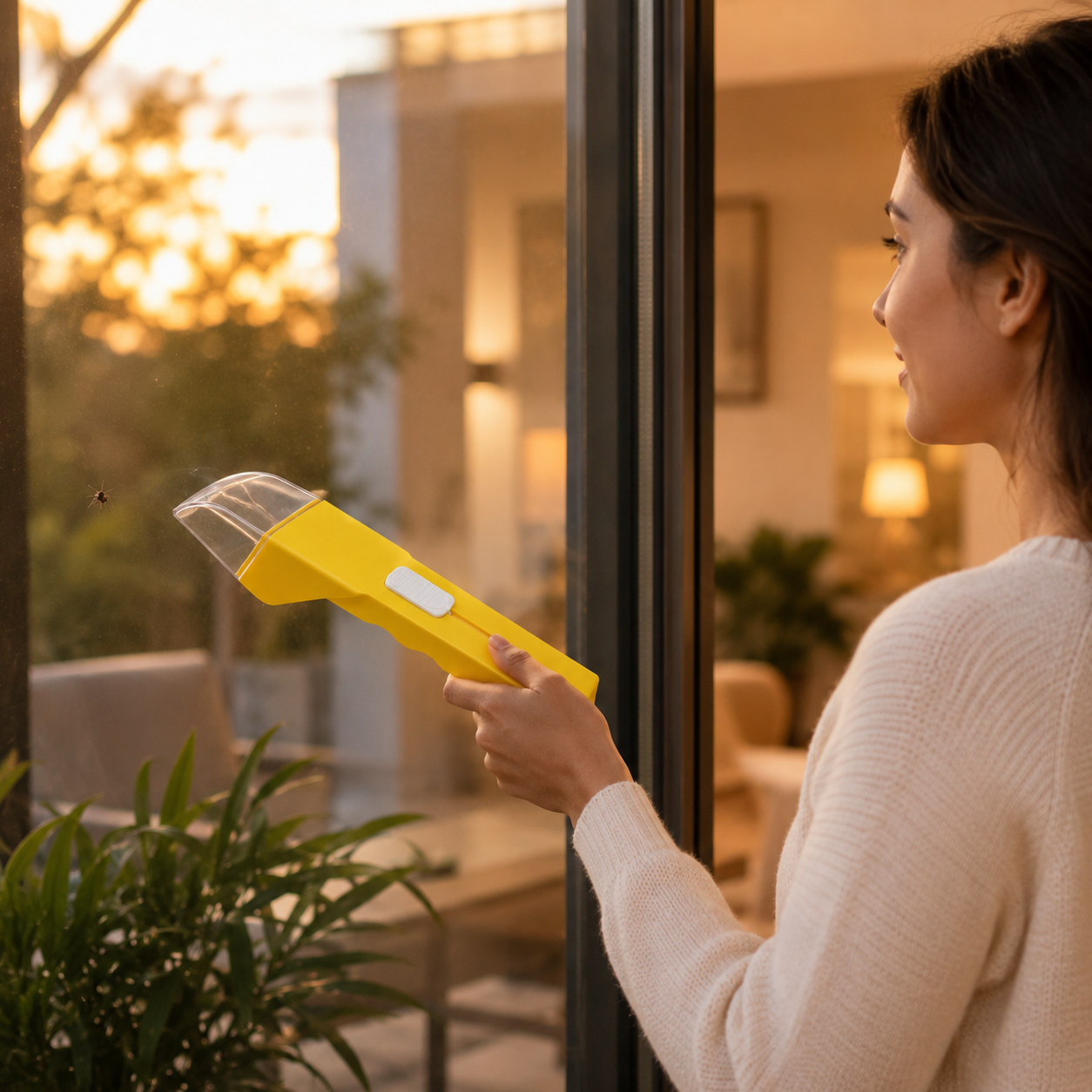 Woman using the insect catcher to catch a bug by the window