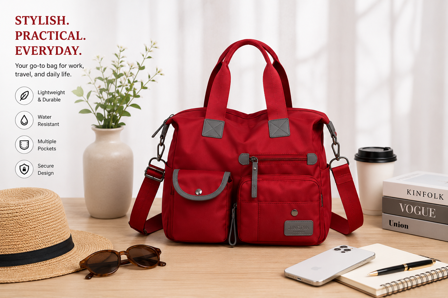 Red multi-pocket nylon shoulder bag