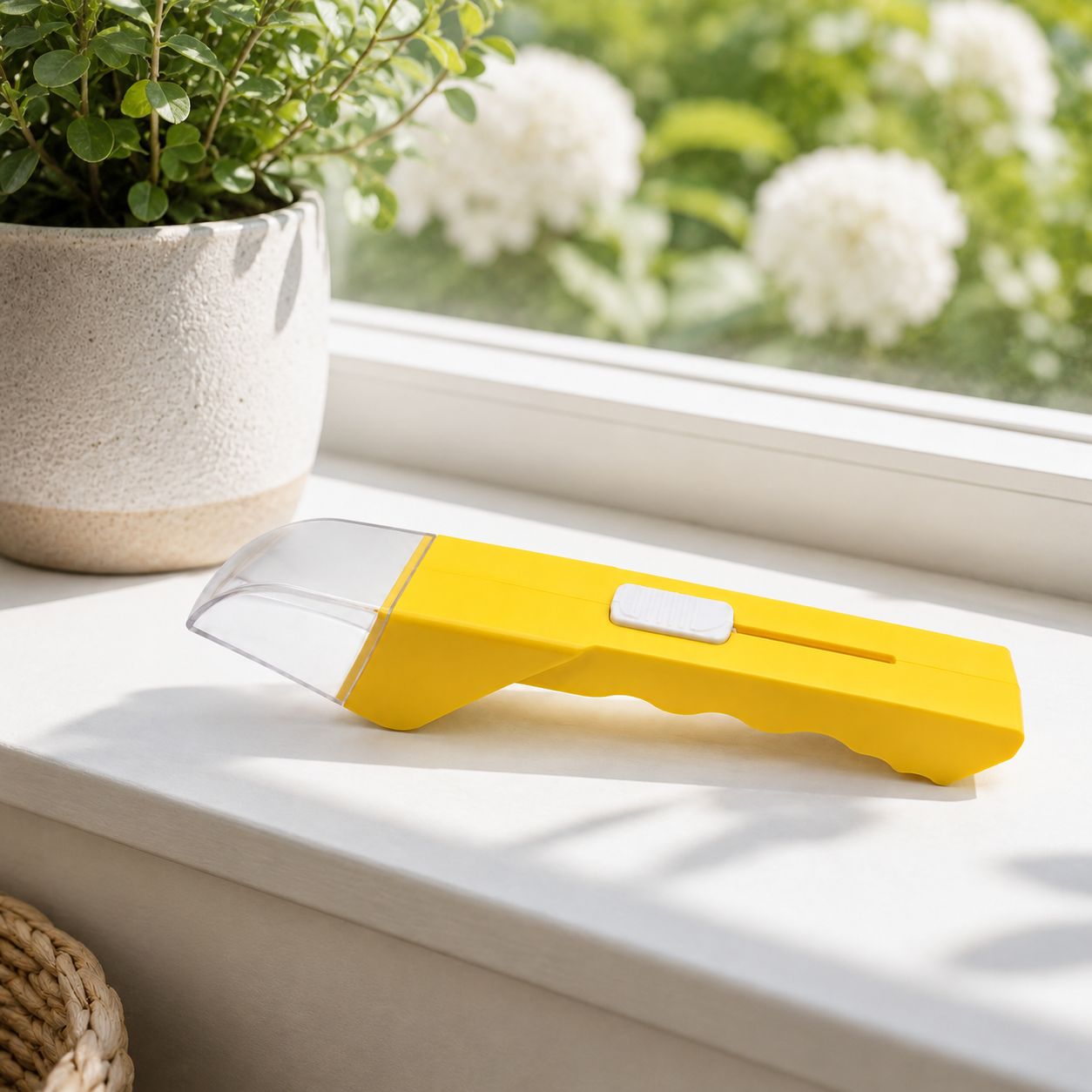 Yellow humane insect catcher on a sunny windowsill