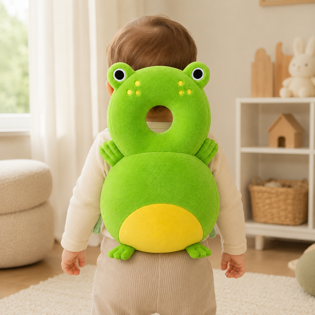 Toddler standing while wearing the frog head protection cushion