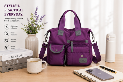 Purple multi-pocket nylon shoulder bag
