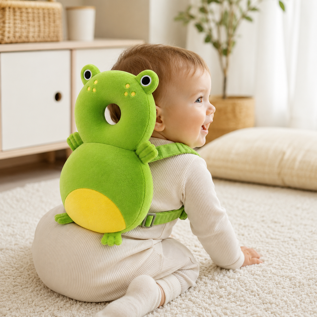 Baby sitting and wearing the frog head protection cushion