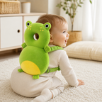 Baby sitting and wearing the frog head protection cushion