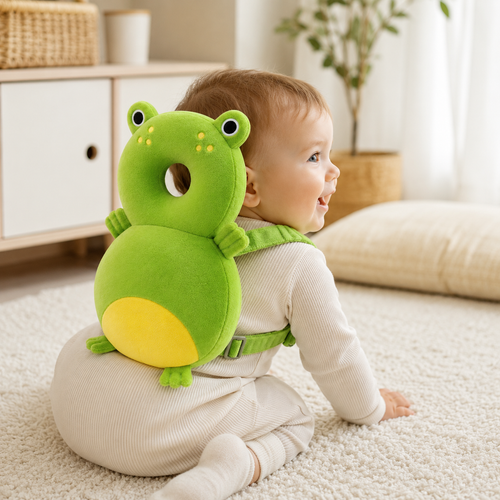 Baby sitting and wearing the frog head protection cushion