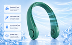 Green bladeless neck fan with cool airflow on an icy summer background