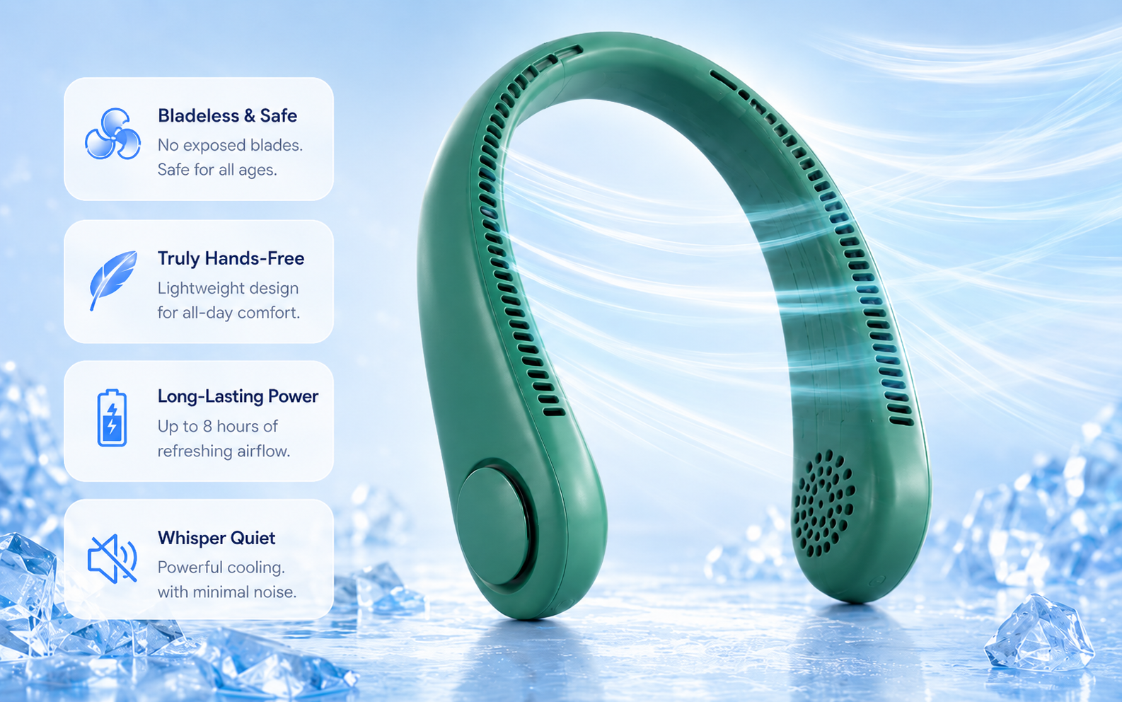 Green bladeless neck fan with cool airflow on an icy summer background