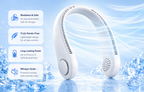 White bladeless neck fan with cool airflow on an icy summer background