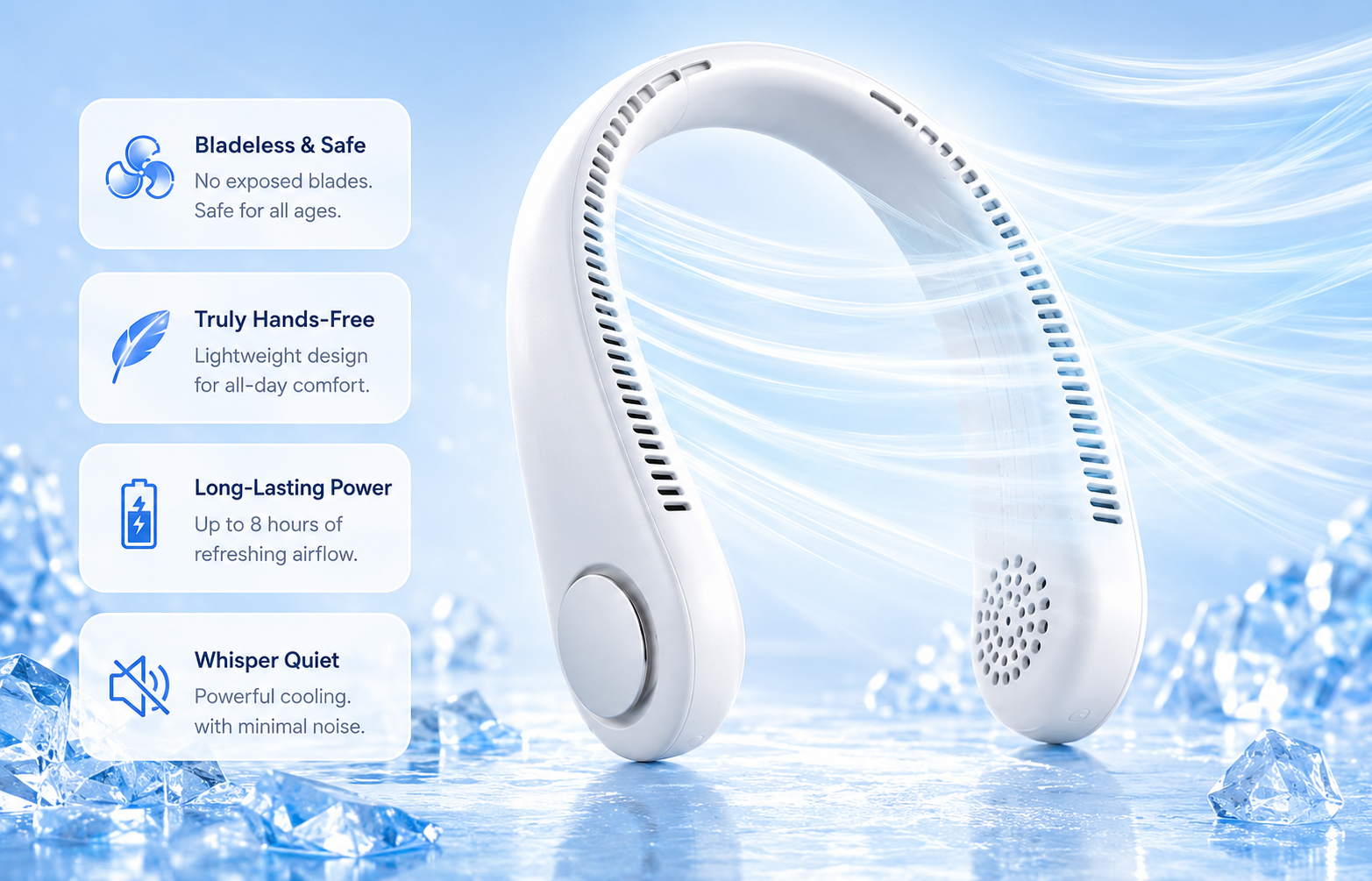 White bladeless neck fan with cool airflow on an icy summer background